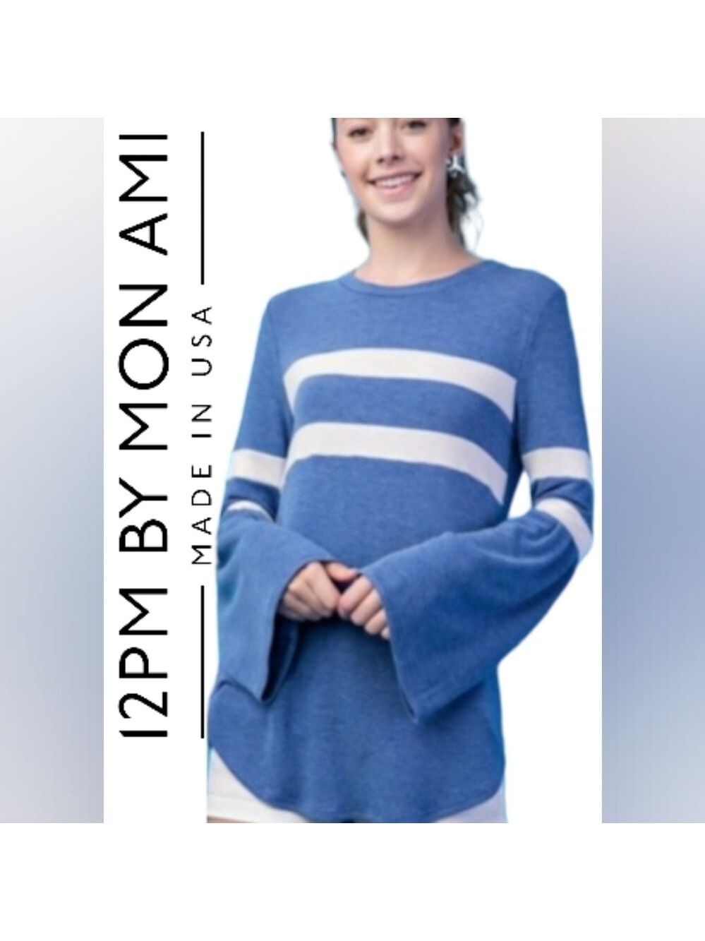 12 PM BY MON AMI Varsity Bell Sleeve Blue & White Sweater Size Small NWT